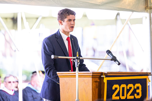 Trinity-Pawling School Class of 2023 Valedictorian Alex Anderson speaking to the Class of 2023