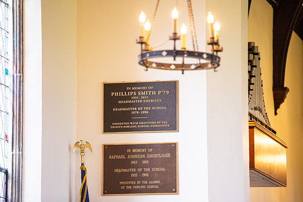 Phil Smith memorial plaque in All Sanits' Chapel at Trinity-Pawling School